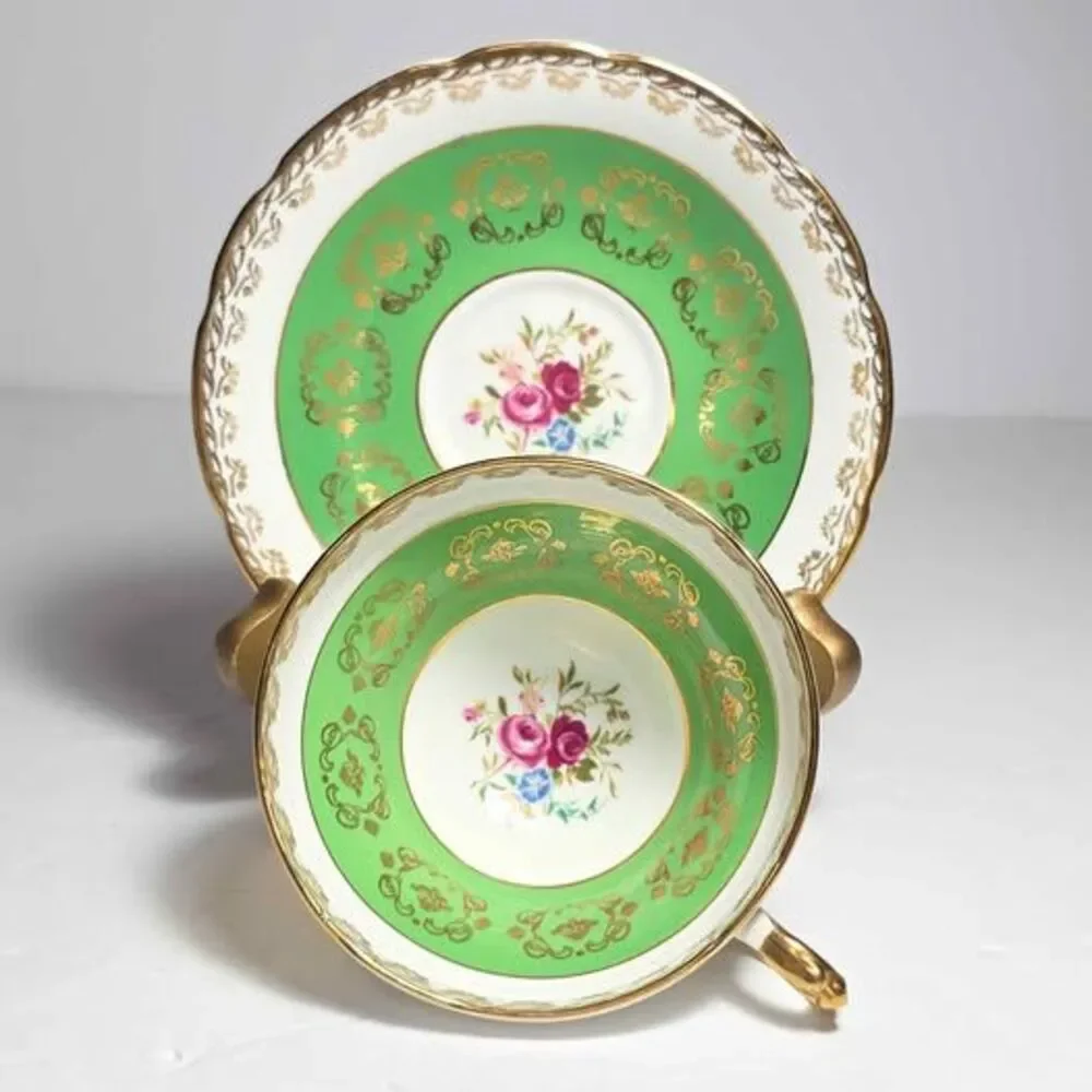 Sutherland Teacup and Saucer Green Pink Flowers Vintage